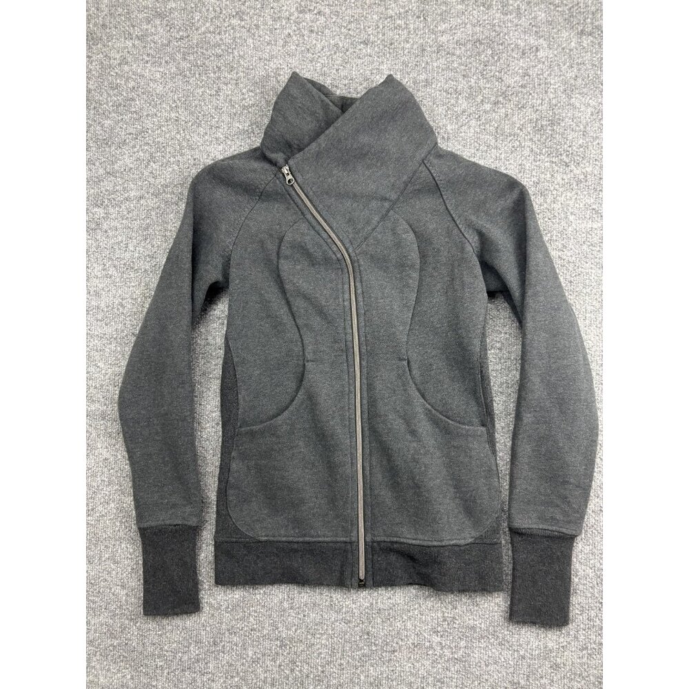 Lululemon Jacket Womens 4 Gray Asymmetrical Zip Funnel Neck Fleece Thumbholes